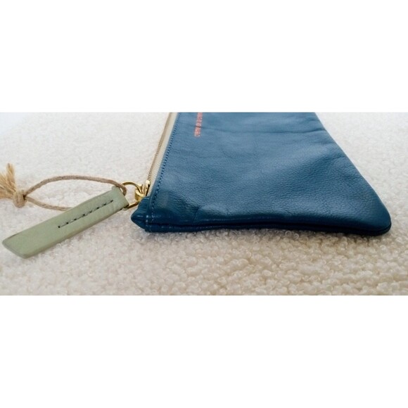 Anthropologie "Creme de la Creme" Blue Leather Gold Zipper Pouch 9 in x 4 in - Picture 8 of 9